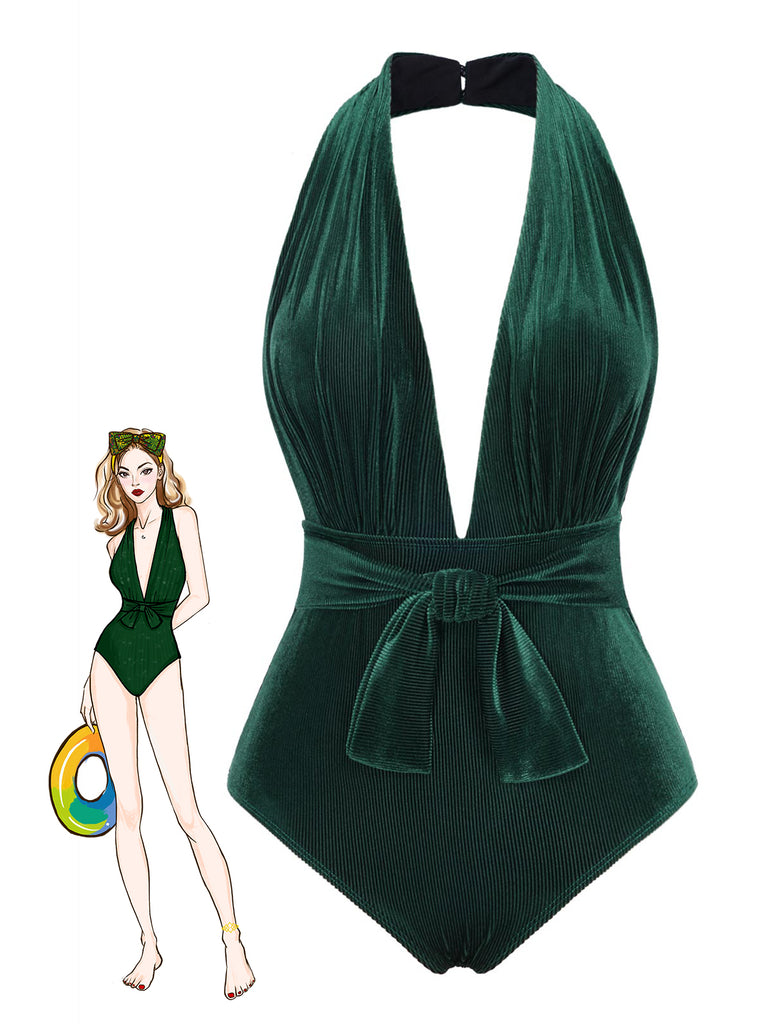 She's wearing Dark 1970s Velvet Deep V-Neck Swimsuit and the whole beach remembers the 1970s