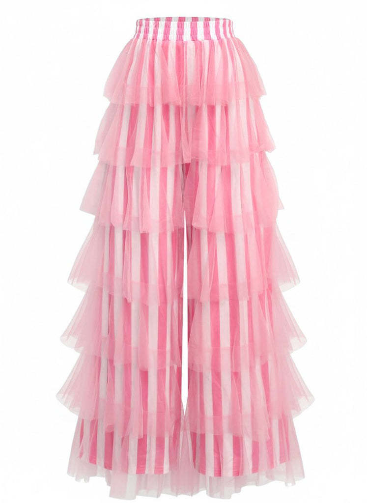 1970s Vertical Stripe Mesh Tiered Ruffle Pants - vintage fashion, retro style, elegant red