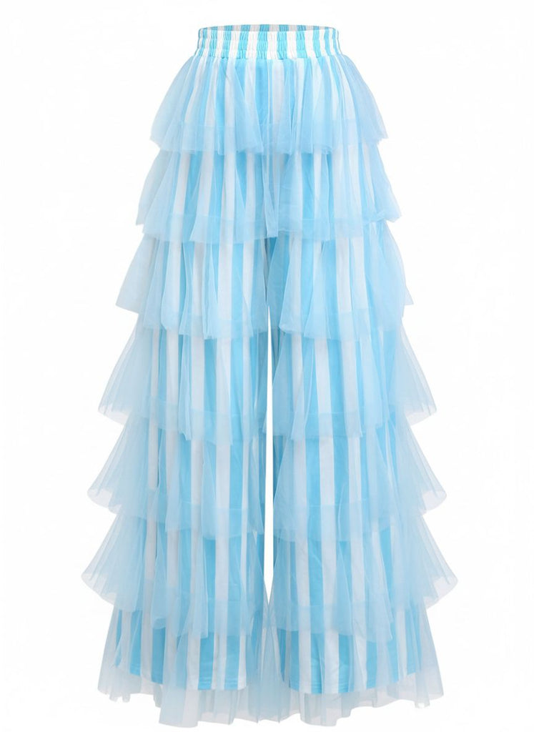 1970s Vertical Stripe Mesh Tiered Ruffle Pants - vintage fashion, retro style, elegant red