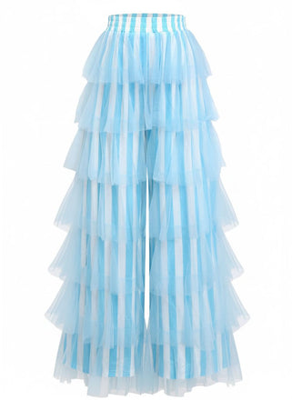 1970s Vertical Stripe Mesh Tiered Ruffle Pants - vintage fashion, retro style, elegant red