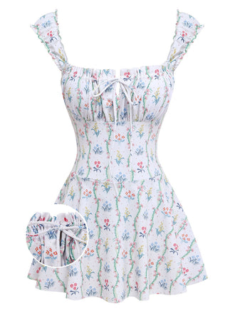 White 1970s Floral Ruffle Cap-Sleeve Square-Neck Swimdress - vintage dress, retro fashion, pure white