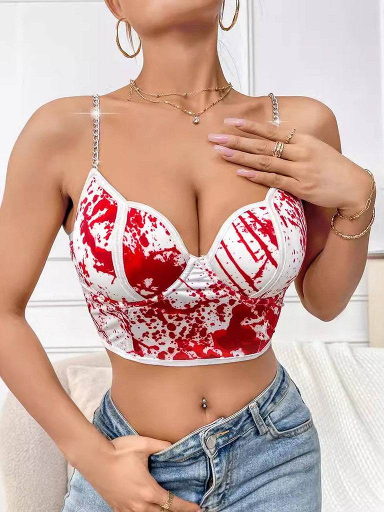 White 1970s Halloween Metal Chain Blood Spatter Crop Top - vintage fashion, retro style, pure white