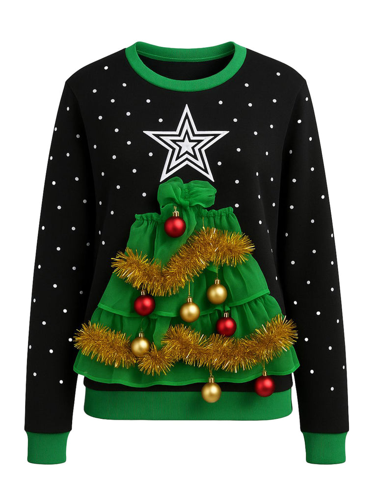 1980s 3D Christmas Tree Sweater With Tinsel - vintage fashion, retro style