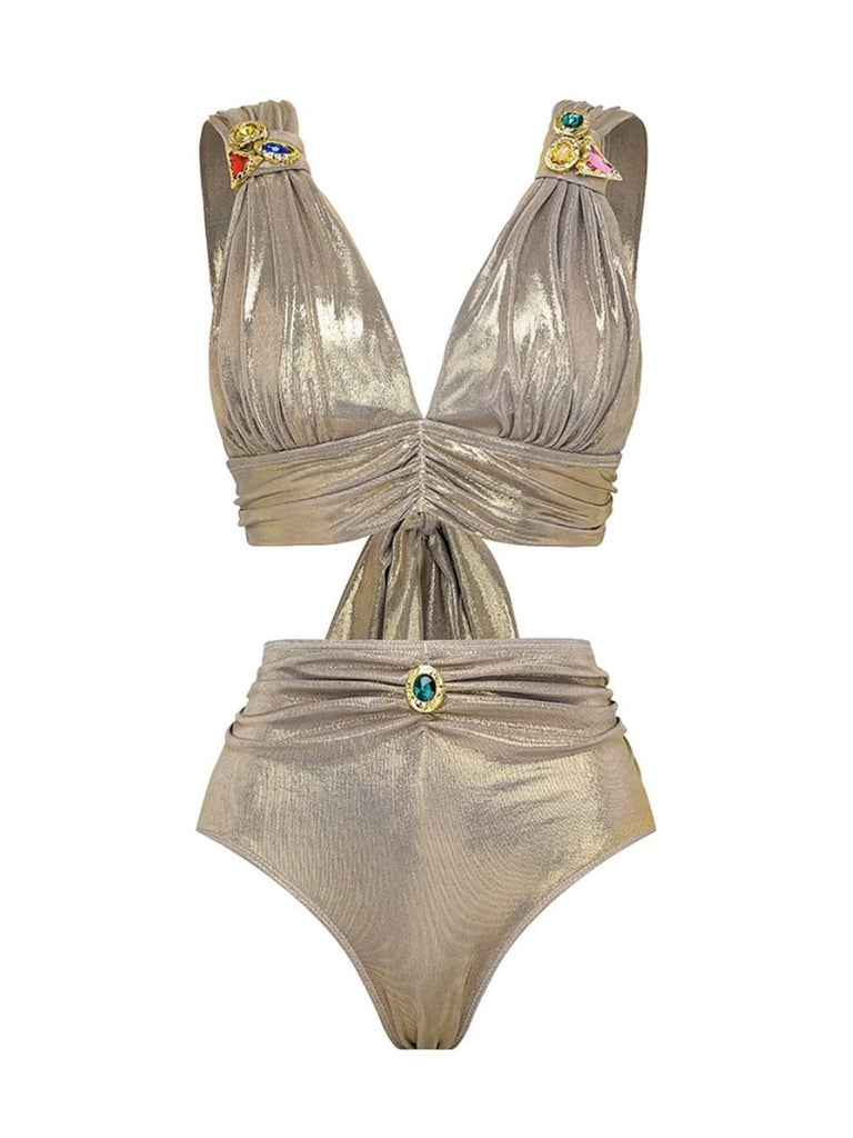 5PCS Gold 1980s Bejeweled Metallic Egyptian-Inspired Bikini Set - vintage fashion, retro style, elegant red