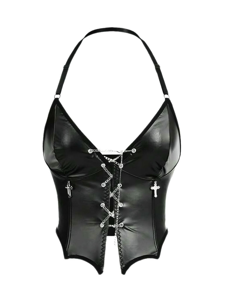Black 1980s Gothic Cross Drawstring Chain Halter Corset - vintage fashion, retro style, classic black