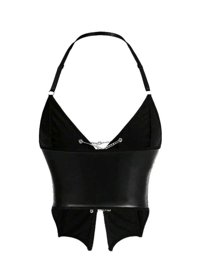 Black 1980s Gothic Cross Drawstring Chain Halter Corset - vintage fashion, retro style, classic black