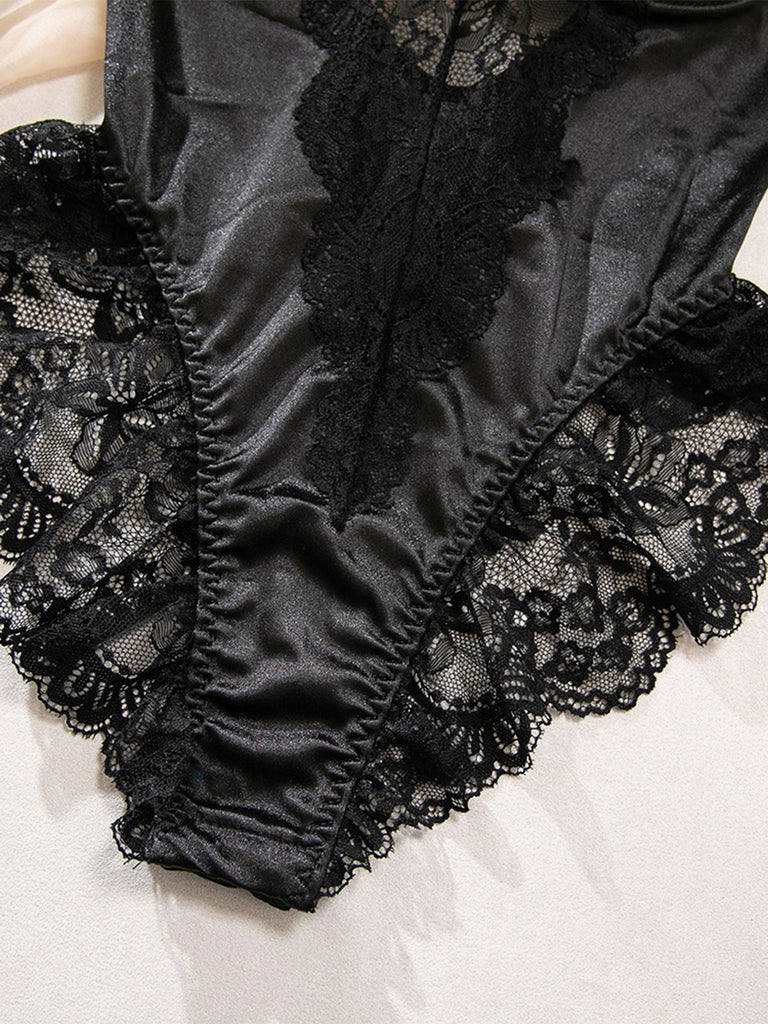 Black 1980s Slip Satin Lace Underwire Lingerie With Stockings - vintage fashion, retro style, classic black