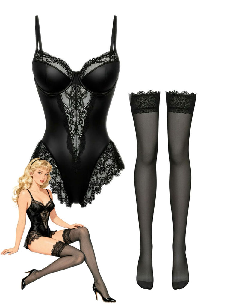 Black 1980s Slip Satin Lace Underwire Lingerie With Stockings - vintage fashion, retro style, classic black