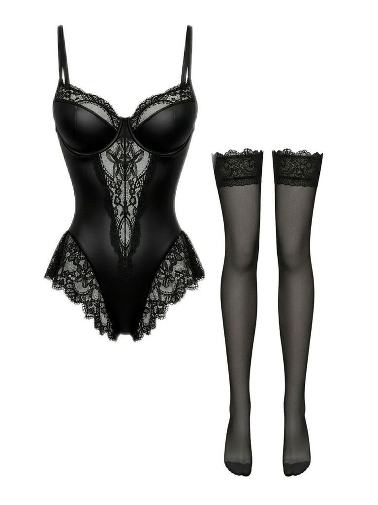 Black 1980s Slip Satin Lace Underwire Lingerie With Stockings - vintage fashion, retro style, classic black