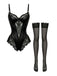 Black 1980s Slip Satin Lace Underwire Lingerie With Stockings - vintage fashion, retro style, classic black