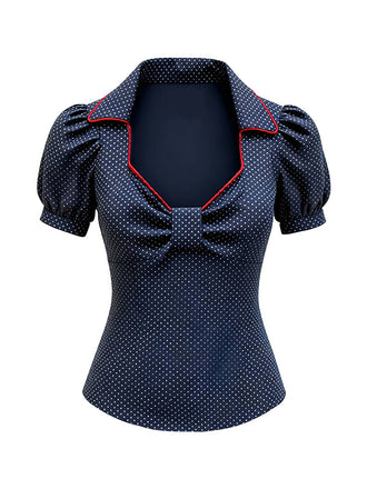 Blue 1980s Cotton Polka Dot Bow Diamond Neck Blouse - vintage fashion, retro style