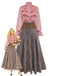 2PCS 1980s Chiffon Ruffled High-Neck Blouse &  Lace-Up Plaid Skirt - vintage skirt, retro style