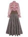 2PCS 1980s Chiffon Ruffled High-Neck Blouse &  Lace-Up Plaid Skirt - vintage skirt, retro style