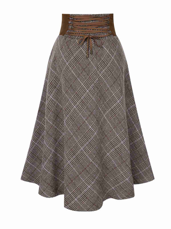 2PCS 1980s Chiffon Ruffled High-Neck Blouse &  Lace-Up Plaid Skirt - vintage skirt, retro style
