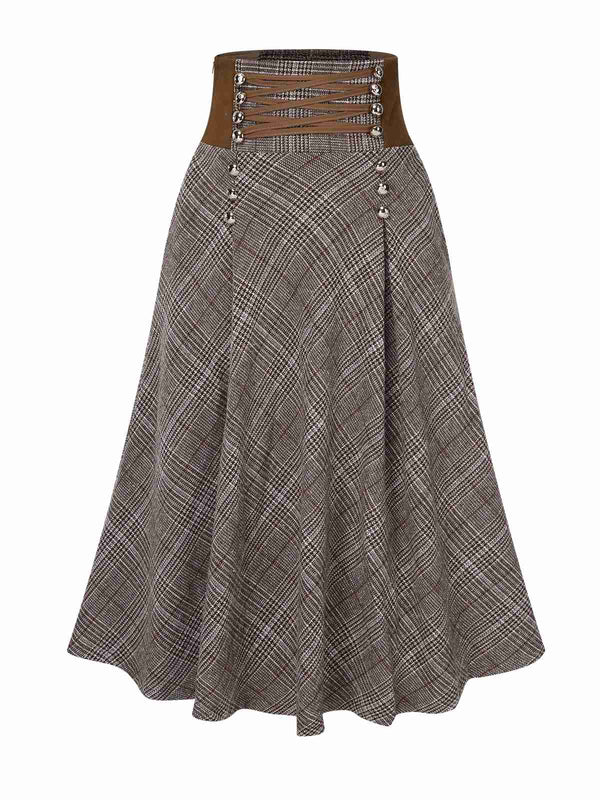 2PCS 1980s Chiffon Ruffled High-Neck Blouse &  Lace-Up Plaid Skirt - vintage skirt, retro style