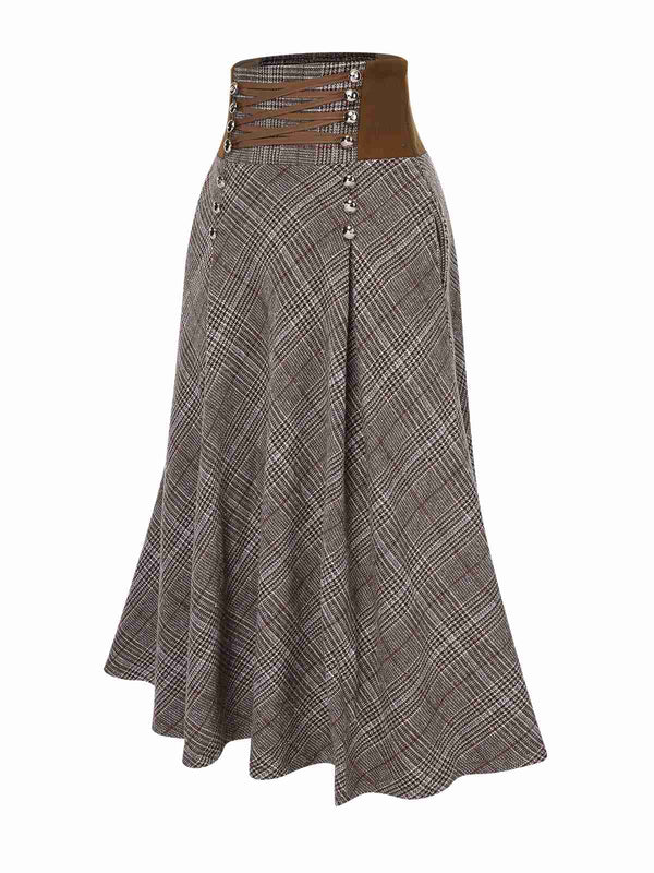 2PCS 1980s Chiffon Ruffled High-Neck Blouse &  Lace-Up Plaid Skirt - vintage skirt, retro style