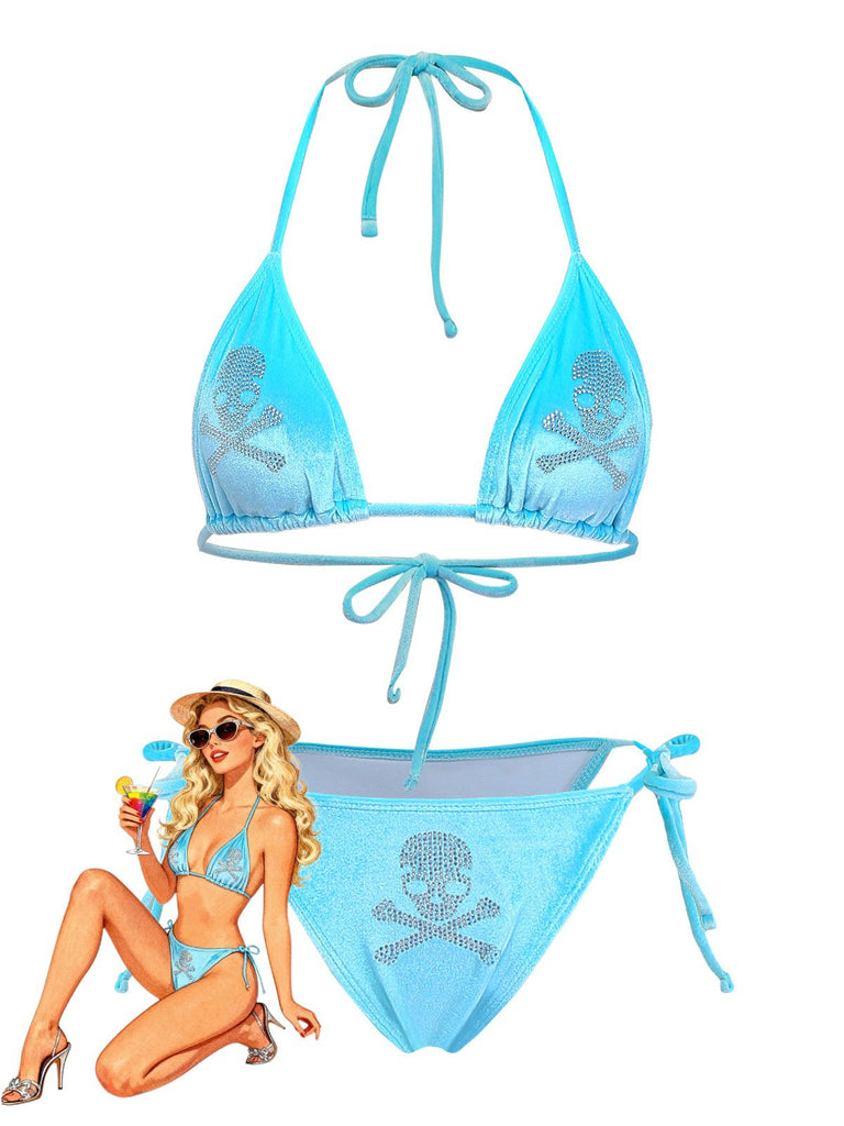 Blue 1980s Velvet Rhinestone Skull Print Bikini Set - vintage fashion, retro style