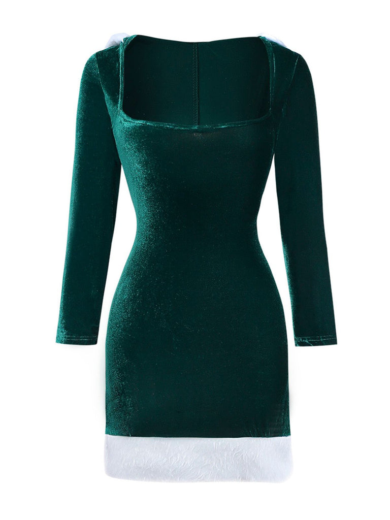 1980s Christmas Fur Trim Hooded Velvet Dress - vintage dress, retro fashion