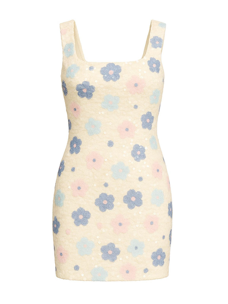1980s Colorful Floral Sequined Slit Bodycon Dress - vintage dress, retro fashion