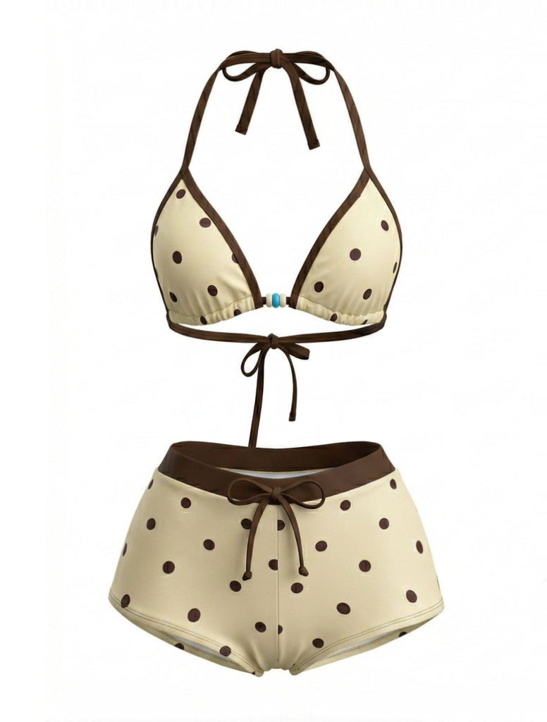 Cream Yellow 1980s Polka Dot Halter Bikini Top & Shorts - vintage fashion, retro style