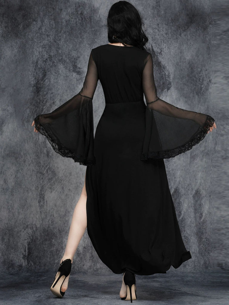 Black 1980s Gothic Slit Flared Sleeve Lace V-Neck Dress - vintage dress, retro fashion, classic black
