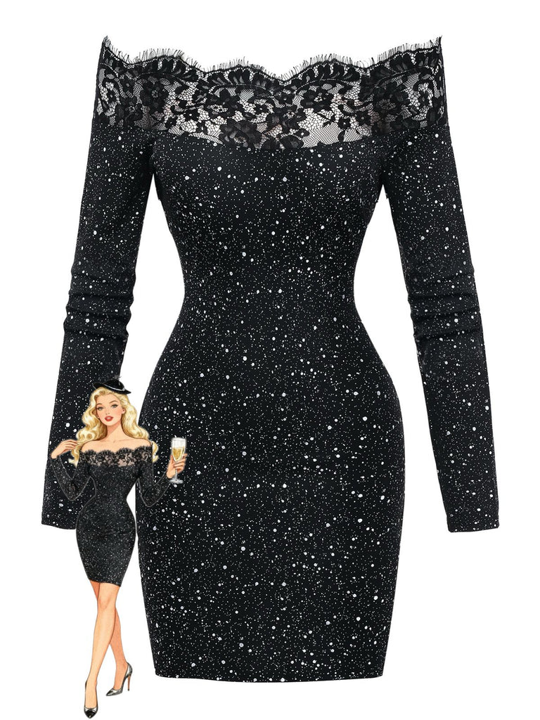 Black 1980s Lace Off-Shoulder Metallic Silver Splash Bodycon Dress - vintage dress, retro fashion, classic black