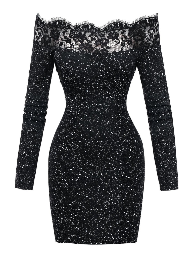 Black 1980s Lace Off-Shoulder Metallic Silver Splash Bodycon Dress - vintage dress, retro fashion, classic black