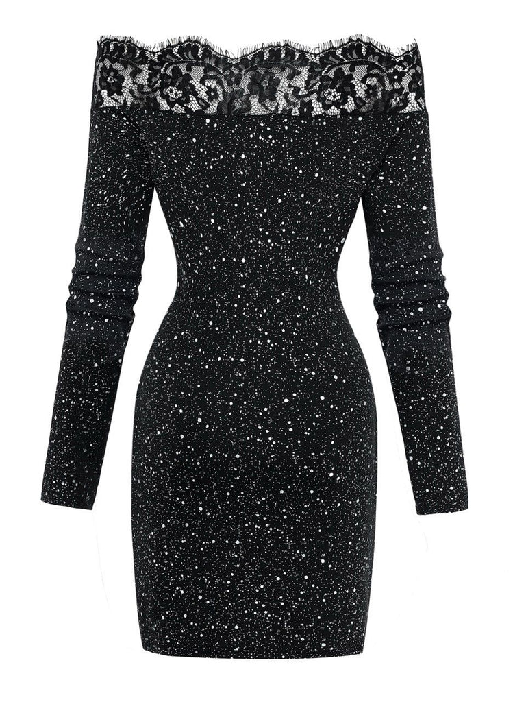 Black 1980s Lace Off-Shoulder Metallic Silver Splash Bodycon Dress - vintage dress, retro fashion, classic black