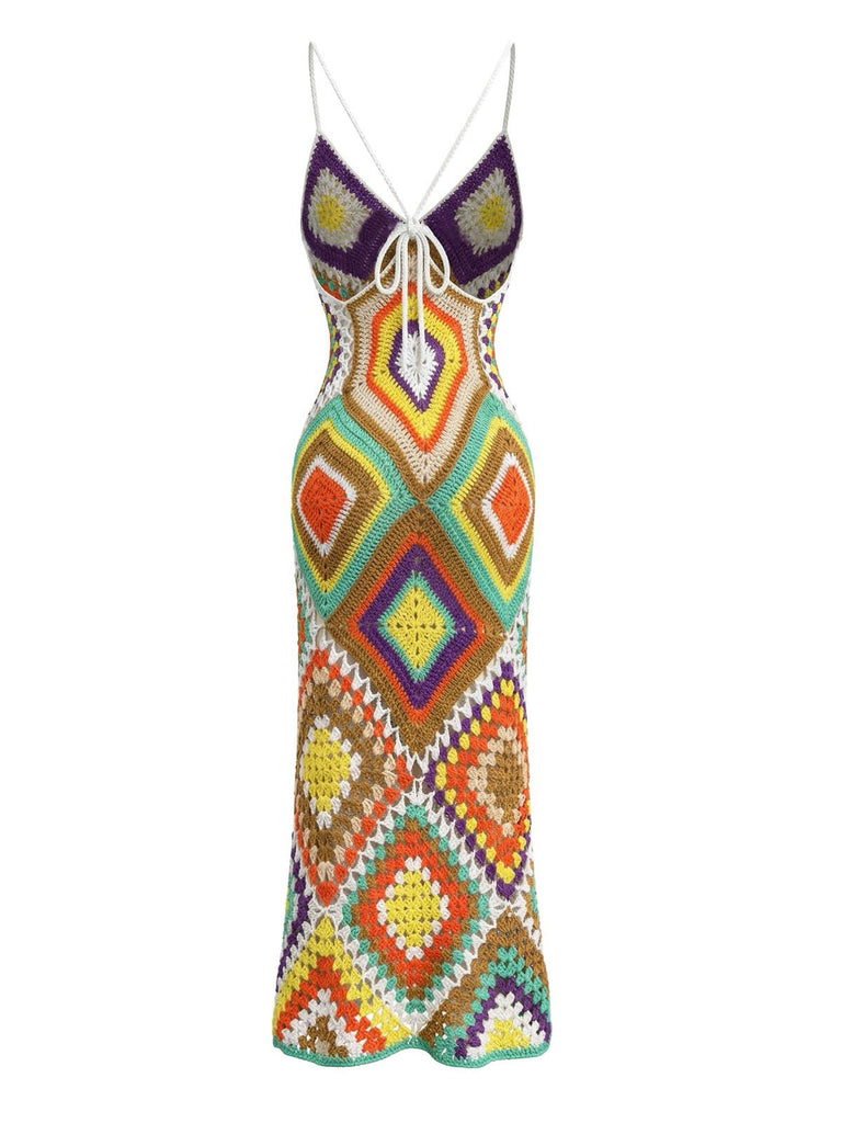 1980s Boho Irregular Print Hand Crochet Cover-Up Dress - vintage dress, retro fashion