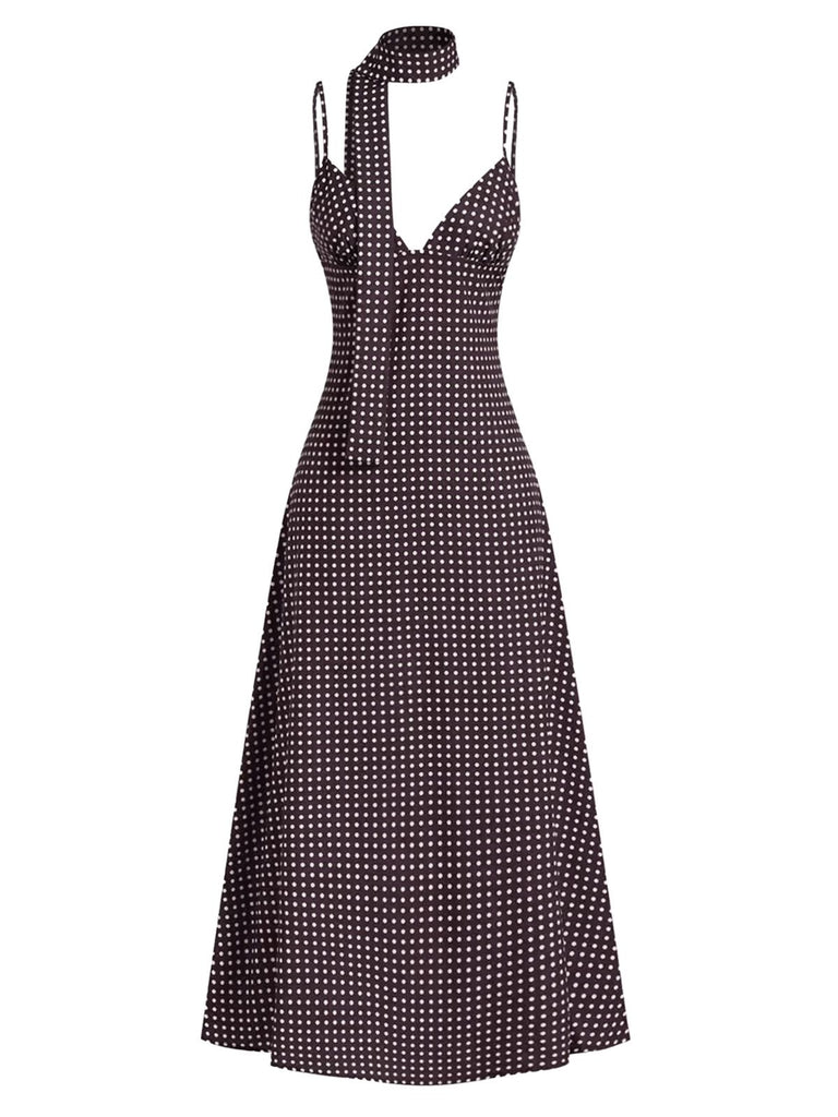 Brown 1980s V-Neck Polka Dot Tie Spaghetti Strap Dress - vintage dress, retro fashion