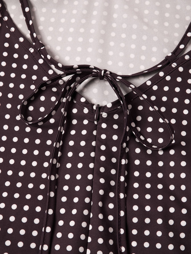 Brown 1980s V-Neck Polka Dot Tie Spaghetti Strap Dress - vintage dress, retro fashion