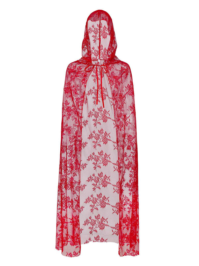 Red 1980s Halloween Mesh Red Riding Hood Dress & Embroidered Cape - vintage dress, retro fashion, elegant red