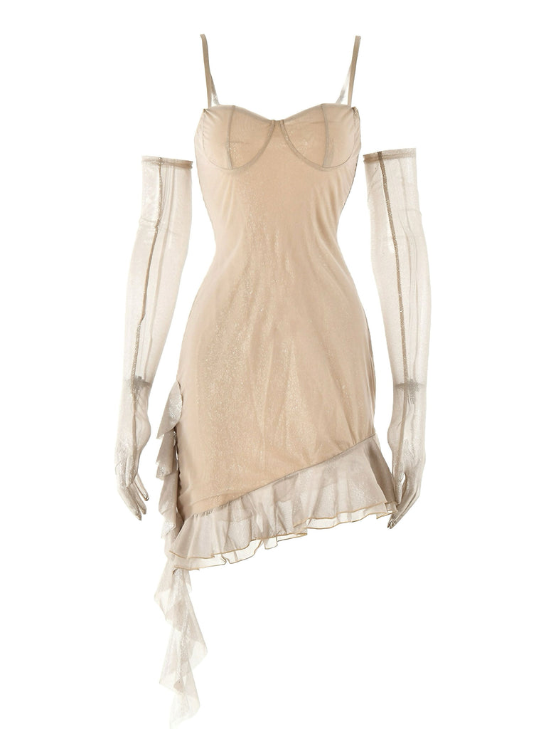 1980s Glitter Ruffled Spaghetti Strap Bodycon Dress - vintage dress, retro fashion