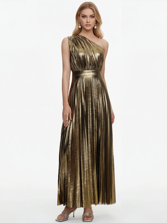 Gold 1980s Metallic One-Shoulder Pleated Party Dress - vintage dress, retro fashion, glamorous gold