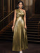 Gold 1980s Metallic One-Shoulder Pleated Party Dress - vintage dress, retro fashion, glamorous gold