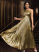 Gold 1980s Metallic One-Shoulder Pleated Party Dress - vintage dress, retro fashion, glamorous gold
