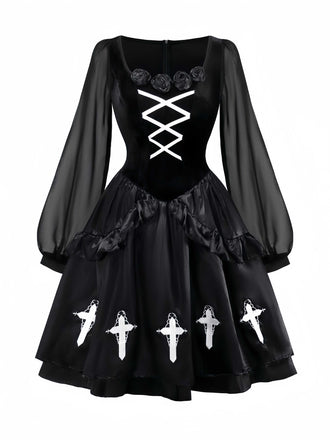1980s Gothic Cross Velvet 3D Roses Dress With Headband - vintage dress, retro fashion