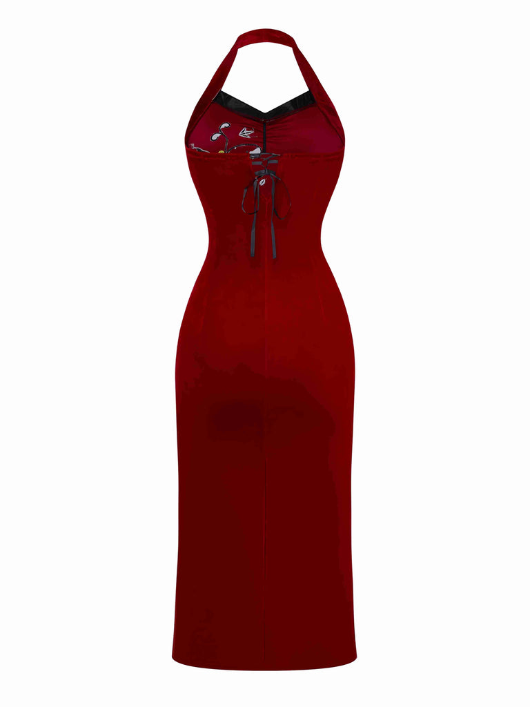 Red 1980s Ada-Wong Embroidered Butterfly Velvet Dress - vintage dress, retro fashion, elegant red