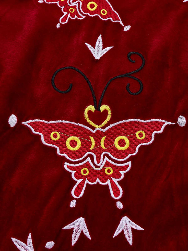 Red 1980s Ada-Wong Embroidered Butterfly Velvet Dress - vintage dress, retro fashion, elegant red