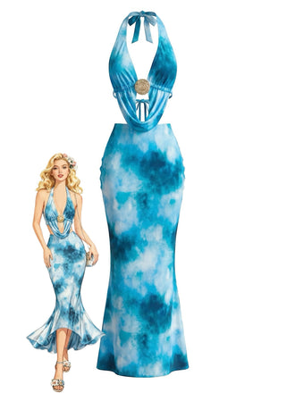 Sky Blue 1980s Tie-Dye Halter Cutout Backless Maxi Cover-Up Dress - vintage dress, retro fashion