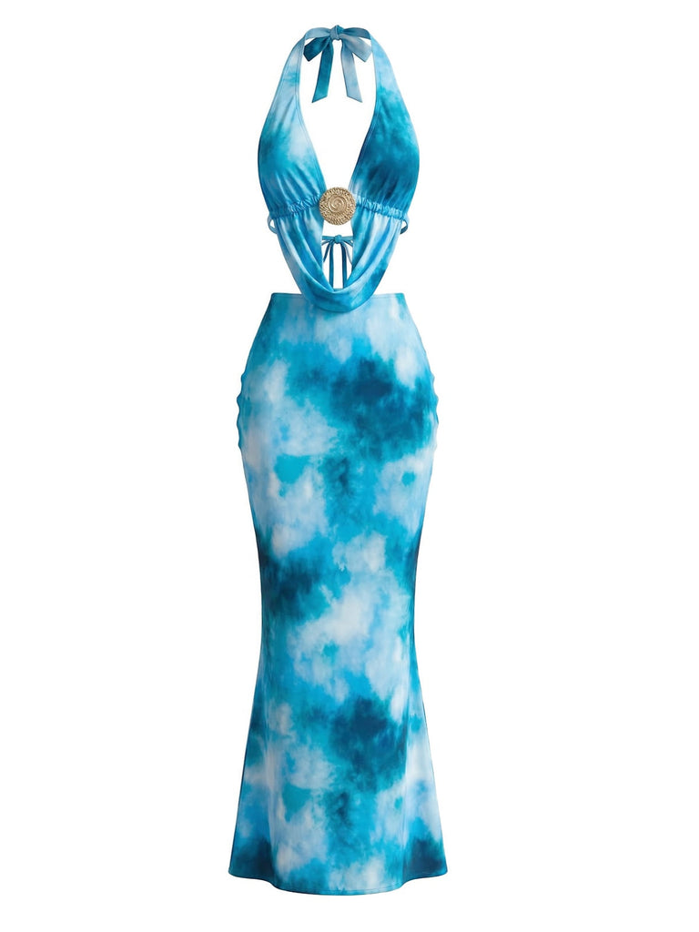 Sky Blue 1980s Tie-Dye Halter Cutout Backless Maxi Cover-Up Dress - vintage dress, retro fashion