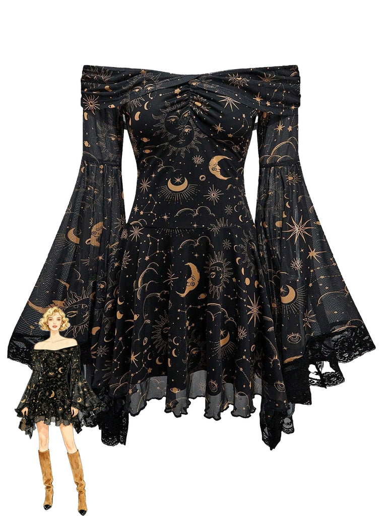 1980s Star Moon Sun Face Off-Shoulder Bell Sleeve Dress - vintage dress, retro fashion