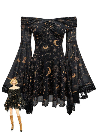 1980s Star Moon Sun Face Off-Shoulder Bell Sleeve Dress - vintage dress, retro fashion