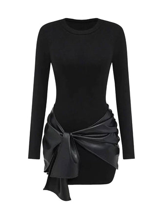 1980s Faux Leather Bow Long Sleeve Dress - vintage dress, retro fashion