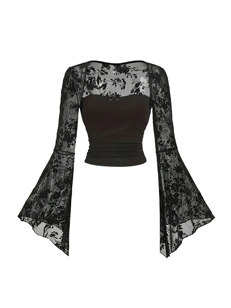 1980s Gothic Lace Mesh Bell Sleeve Top - vintage fashion, retro style