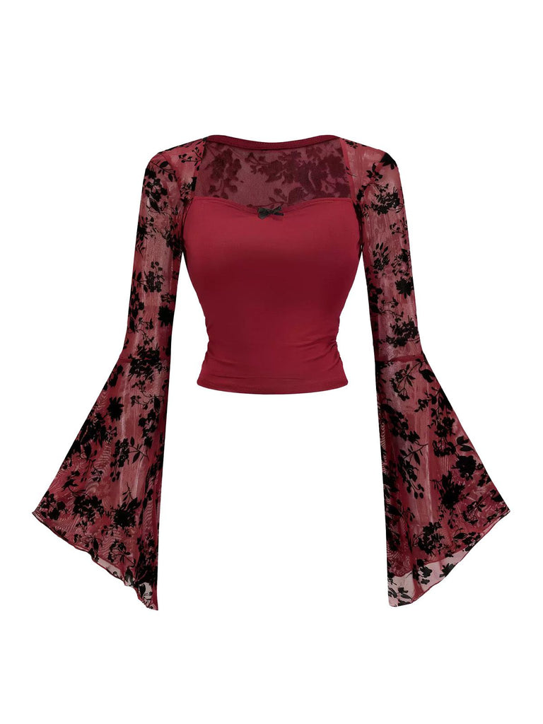 1980s Gothic Lace Mesh Bell Sleeve Top - vintage fashion, retro style