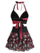 Black & Red 1980s Gothic Skull Rose Halter Skirt Swimsuit - vintage skirt, retro style, classic black
