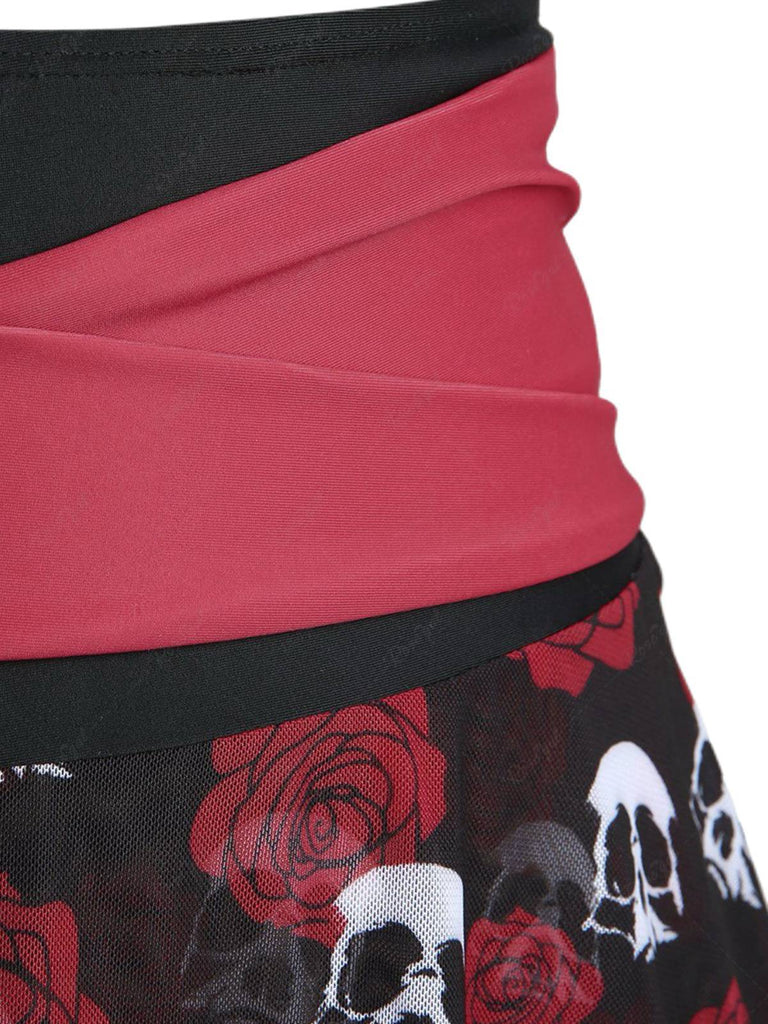 Black & Red 1980s Gothic Skull Rose Halter Skirt Swimsuit - vintage skirt, retro style, classic black