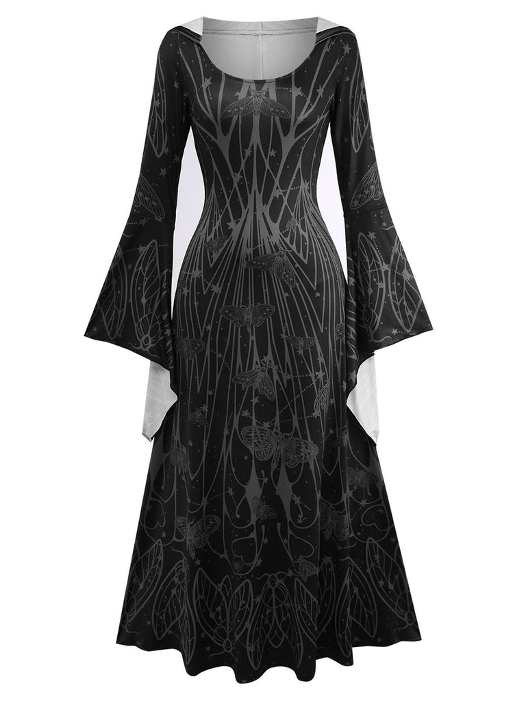 1980s Gothic Witch Bat Sleeve Hooded Dress - vintage dress, retro fashion