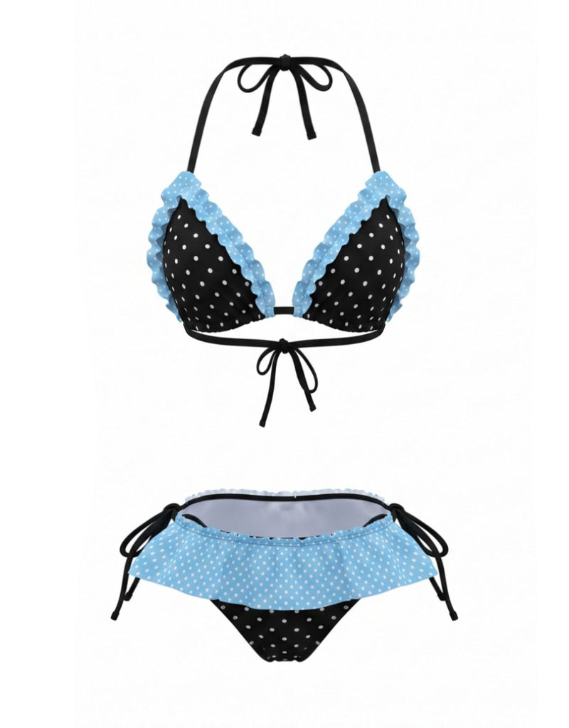 1980s-Halter-Contrast-Polka-Dot-Ruffle-Trim-Bikini-Set, vintage, retro, swimwear